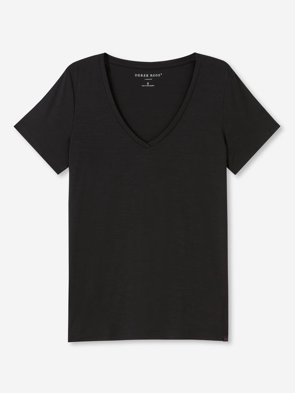 Derek Rose Women's V-Neck T-Shirt Lara Micro Modal Stretch Black Black