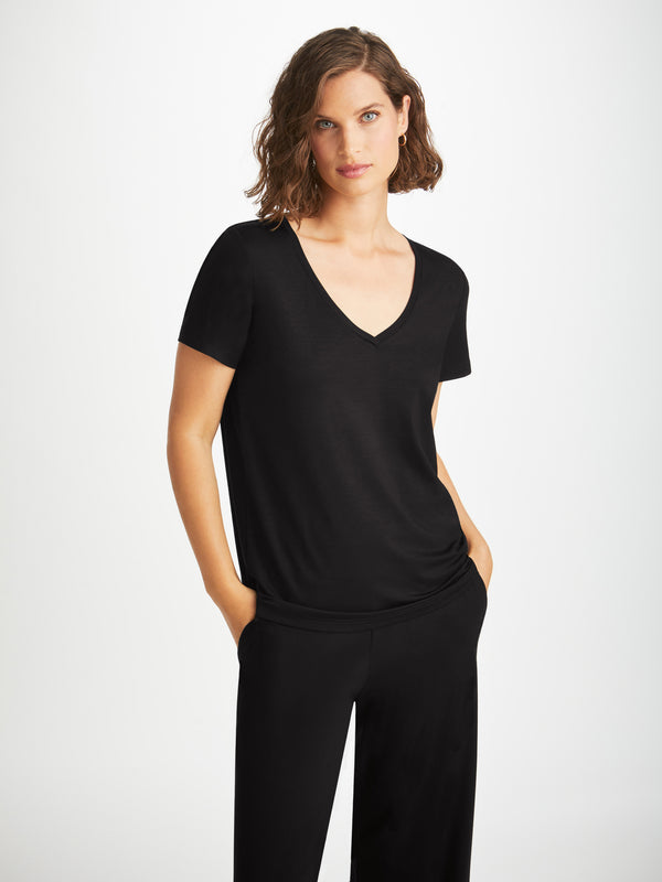 Derek Rose Women's V-Neck T-Shirt Lara Micro Modal Stretch Black Black