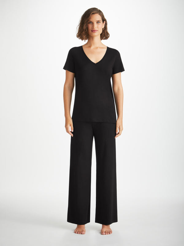 Derek Rose Women's V-Neck T-Shirt Lara Micro Modal Stretch Black Black