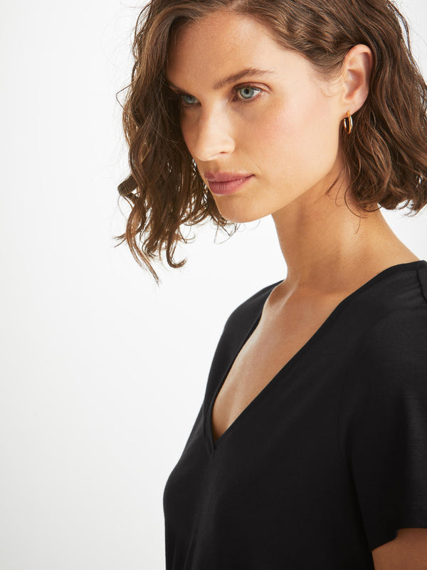 derek rose Women's V-Neck T-Shirt Lara Micro Modal Stretch Black Black