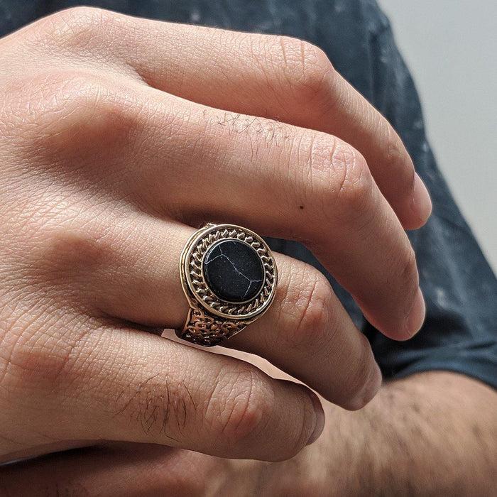 Designb Black Marble Signet Ring In Burnished Gold