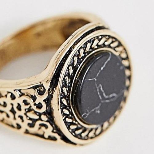 Designb Black Marble Signet Ring In Burnished Gold