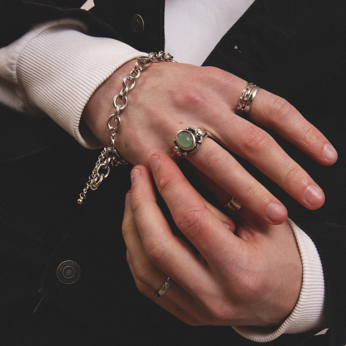 Designb Chunky Green Stone Ram Ring In Silver