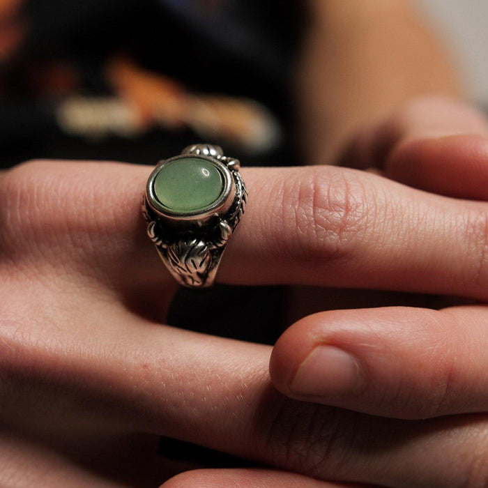 Designb Chunky Green Stone Ram Ring In Silver