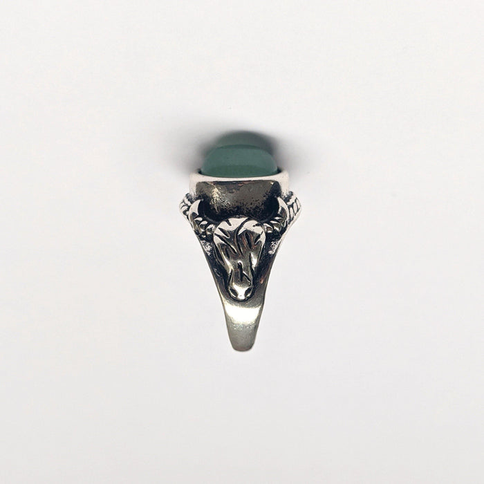 Designb Chunky Green Stone Ram Ring In Silver