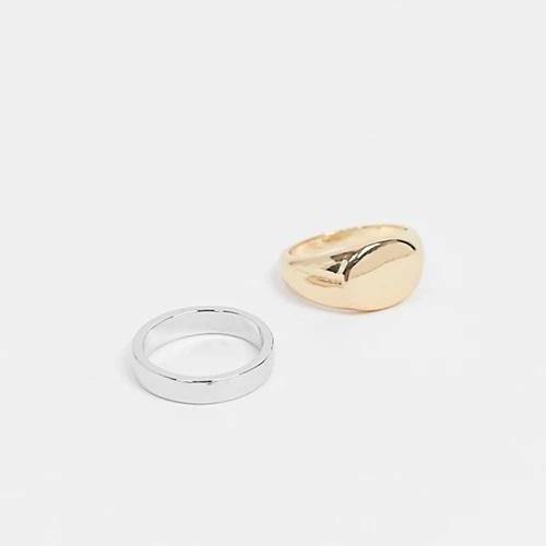 designb Oval & band ring in silver & gold in - 2 pack