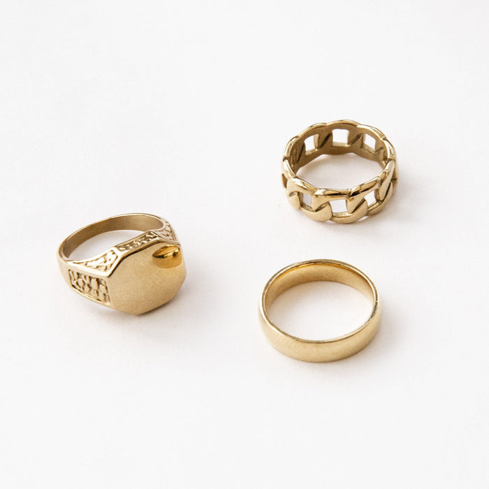 designb Engraved signet & band ring 3-pack in gold stainless steel