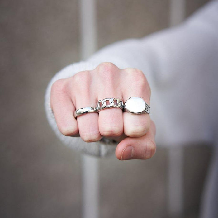 Designb Engraved Signet & Band Ring 3-pack In Silver Stainless Steel