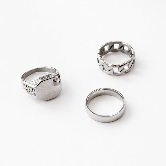 designb Engraved signet & band ring 3-pack in silver stainless steel