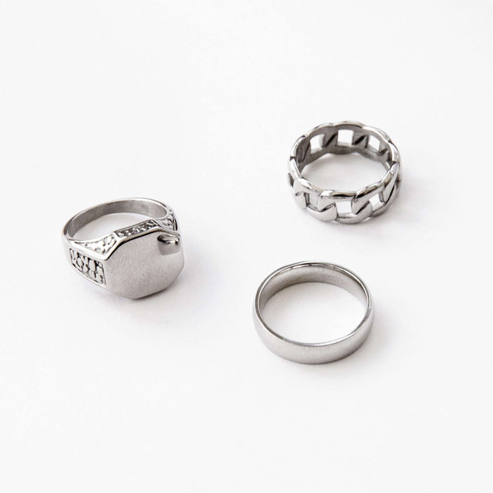 designb Engraved Silver Signet Ring & Band Ring in 3 Pack
