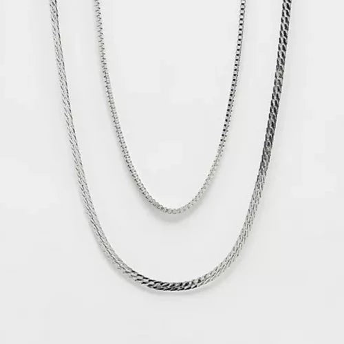 designb Flat Snake Chain and Box Chain Necklace In Silver - Pack of 2