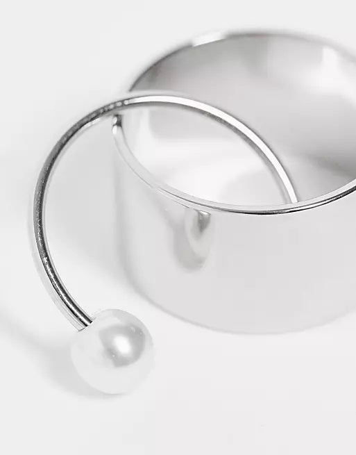 Designb Large Band Ring And Double Pearl Pinky Ring