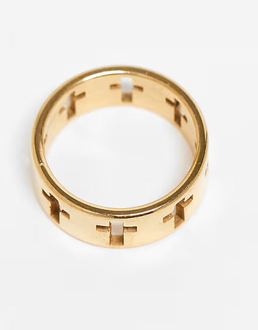 Designb Lost Souls Band Ring With Cross Details In 18k Gold Plated