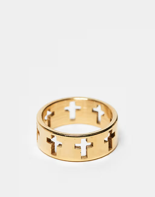 Designb Lost Souls Band Ring With Cross Details In 18k Gold Plated