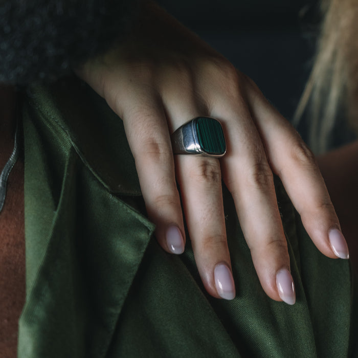 Designb Lost Souls - Green Malachite Ring In Silver Stainless Steel