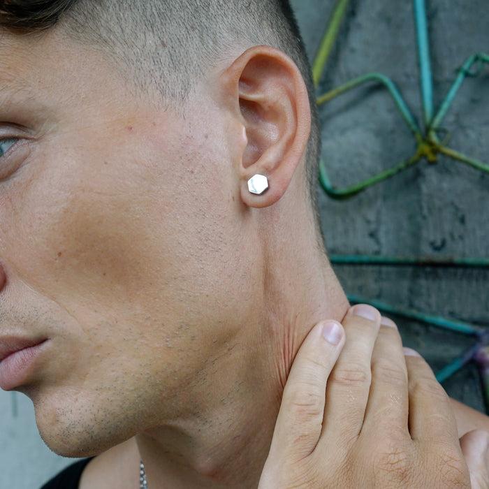 Designb Lost Souls - Hexagonal Plug Earrings In Platinum Stainless Steel