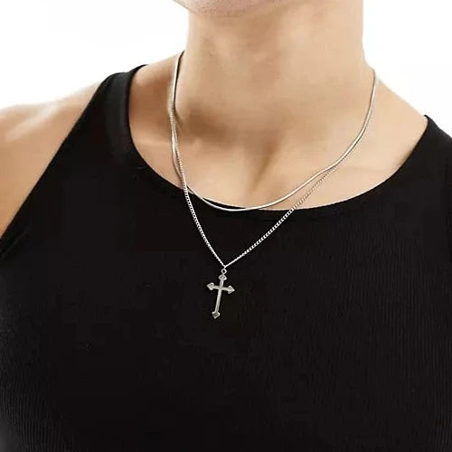 Designb Lost Souls - Layered Cross Necklace In Platinum Stainless Steel
