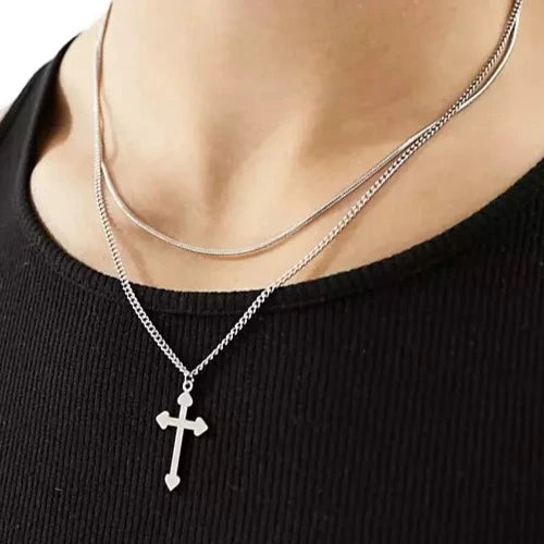 Designb Lost Souls - Layered Cross Necklace In Platinum Stainless Steel