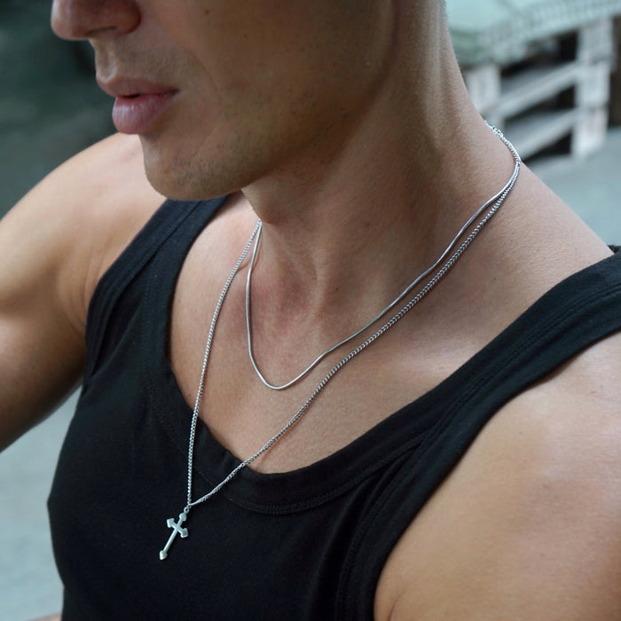 designb Lost Souls - Layered Cross Necklace In Platinum Stainless Steel