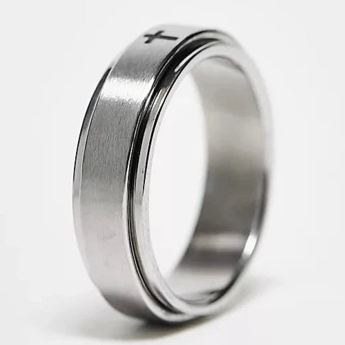 Designb Lost Souls - Spinning Band Ring With Engraved Cross In Platinum Stainless Steel