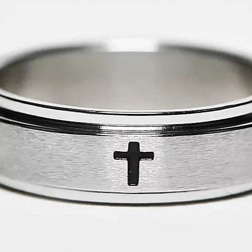 Designb Lost Souls - Spinning Band Ring With Engraved Cross In Platinum Stainless Steel