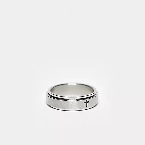 designb Lost Souls - Spinning Band Ring With Engraved Cross In Platinum Stainless Steel