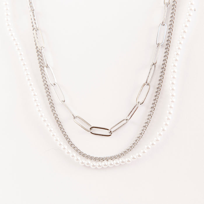 Designb Pack Of 3 Pearls And Chains Necklaces In Silver