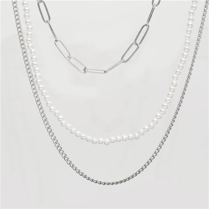 designb Pack of 3 Pearls and Chains Necklaces in Silver