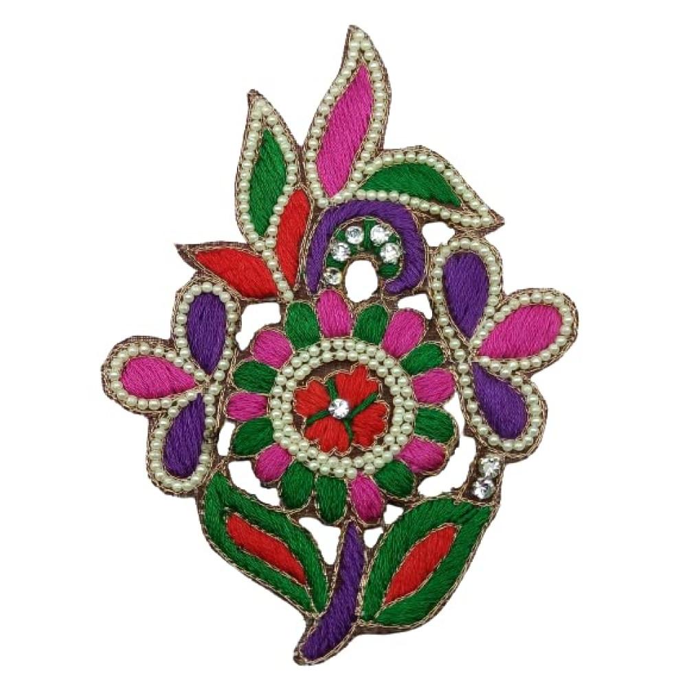 designerbox Applique Orange Multicolour Flower Shape Patch with Pearls