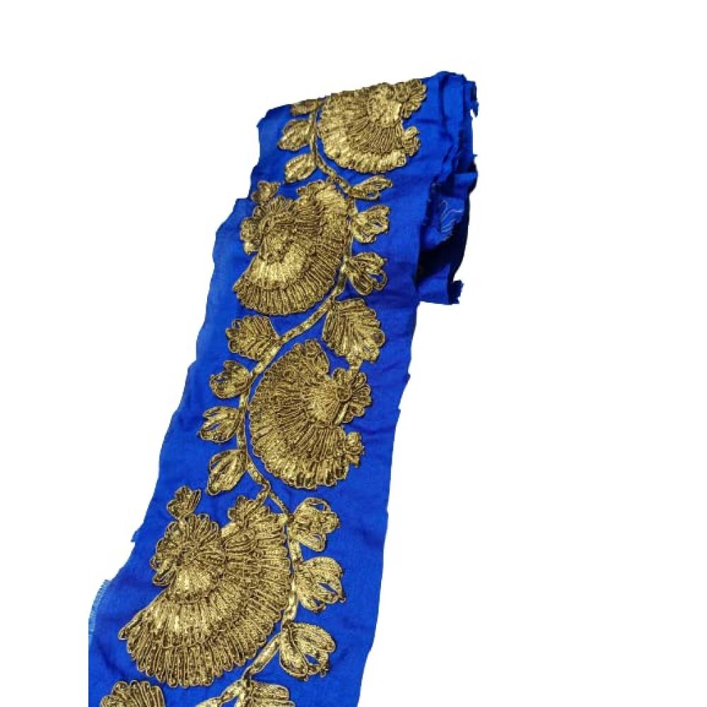 designerbox Blue Colour Lace with Golden kassab Threads Embroidery Work Border f