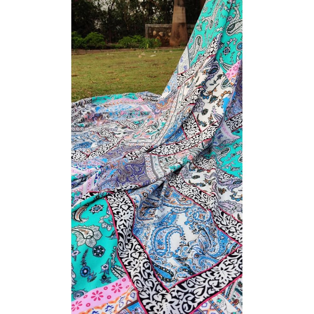 designerbox Blue Rayon Printed Fabric for Woman Dress Kurtis Kids Dress Gifting Gowns Anarkali Jumpsuit Women (Pack of 2 Meter) Width : 57.5 inch