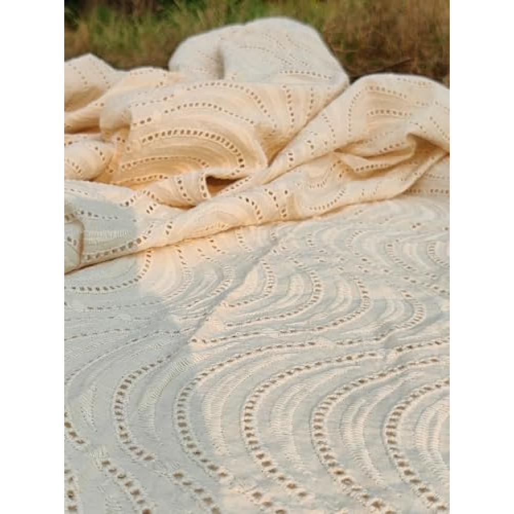 designerbox Cream Women's 100% Cotton Chikan Embroidery Work Unstitched All Over Fabric