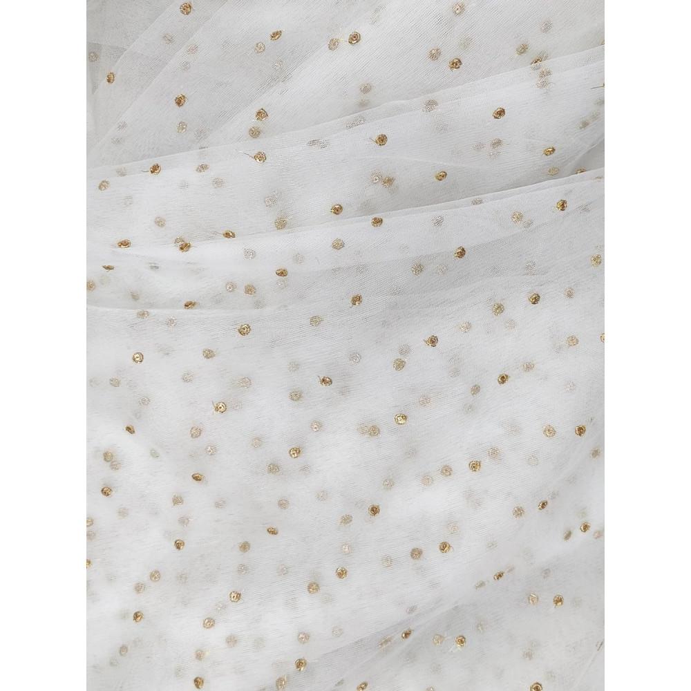 designerbox Dyeable Nylon Net Golden Dot Embroidery Fabric Use in Fancy Garments Making Frocks Gowns Lehangas Designer Dresses (Width - 58 Inch : Color - White)