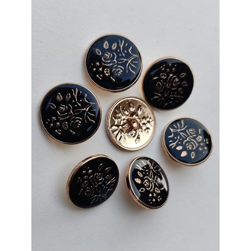 designerbox Floral Design Black and Golden Color Brass Metal Button for Eye-catching Look for Coat | Suit | Sherwani | Nehru Jacket | Kurti and for All Types of Clothes (Pack of 6 pcs Size -2 cm)