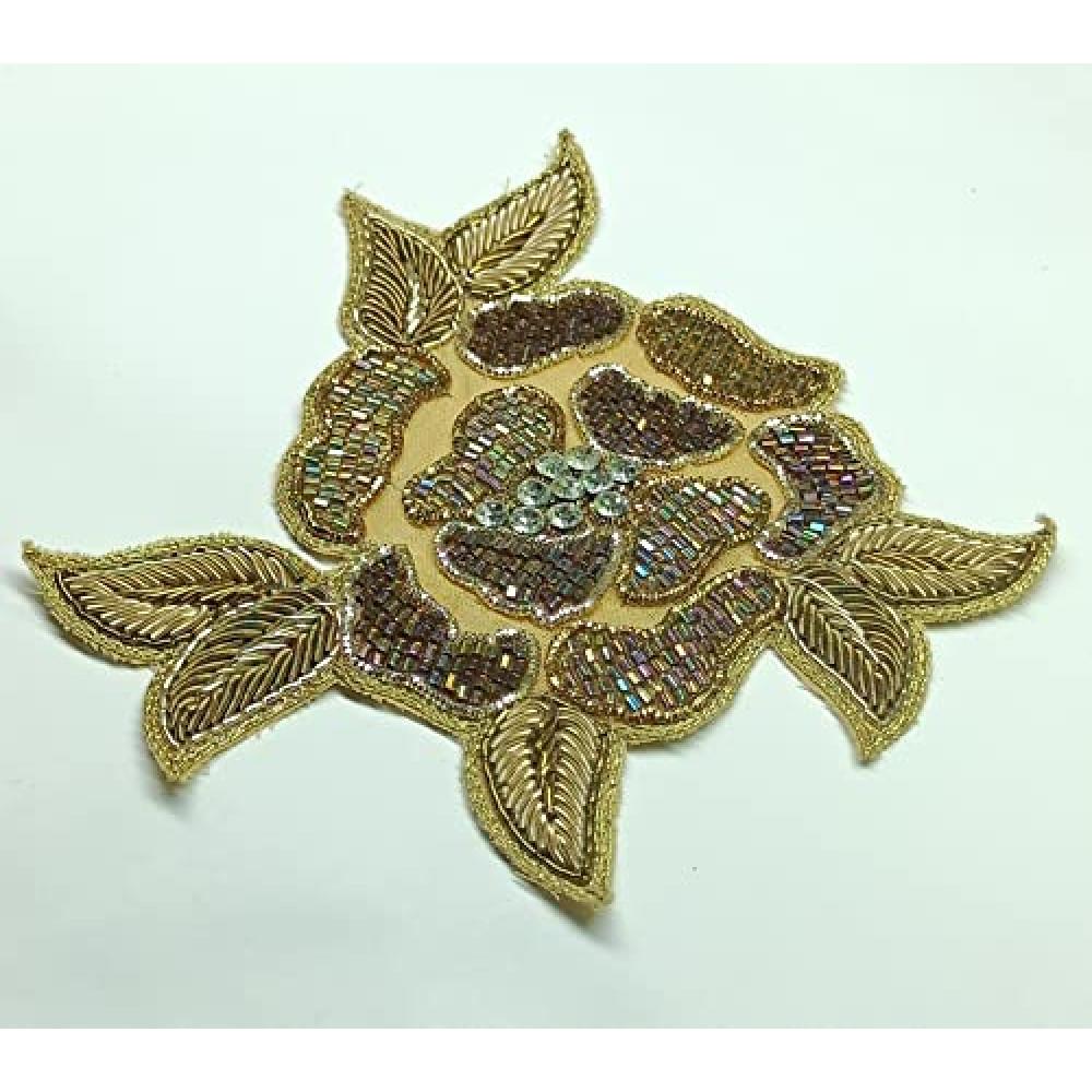 designerbox Golden Applique Beautiful Flower Embroidery Patches with Diamond's for Cloths Blouse Suits Sarees Decoration Sweater Shoes Bags ( Pack of 2 pcs )(Width : 5 Inch )