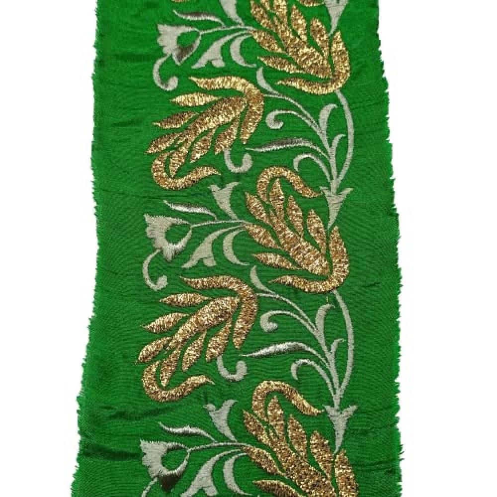 designerbox Green lace with Light Golden kasab and Badla Embroidery Work Border for Bridal Dress Gown Dupatta Sarees Wedding Outfits (Pack of 1.9 Meter) Width : 3 Inch