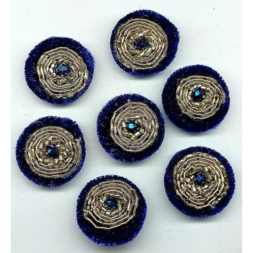 designerbox Handmade Blue Velvet Golden Dori Work Buttons for Sweaters Jackets Shirts Kurtis Kurtas Decoration DIY Crafts ( Size : 2 cm ) ( Pack of 10 pcs )