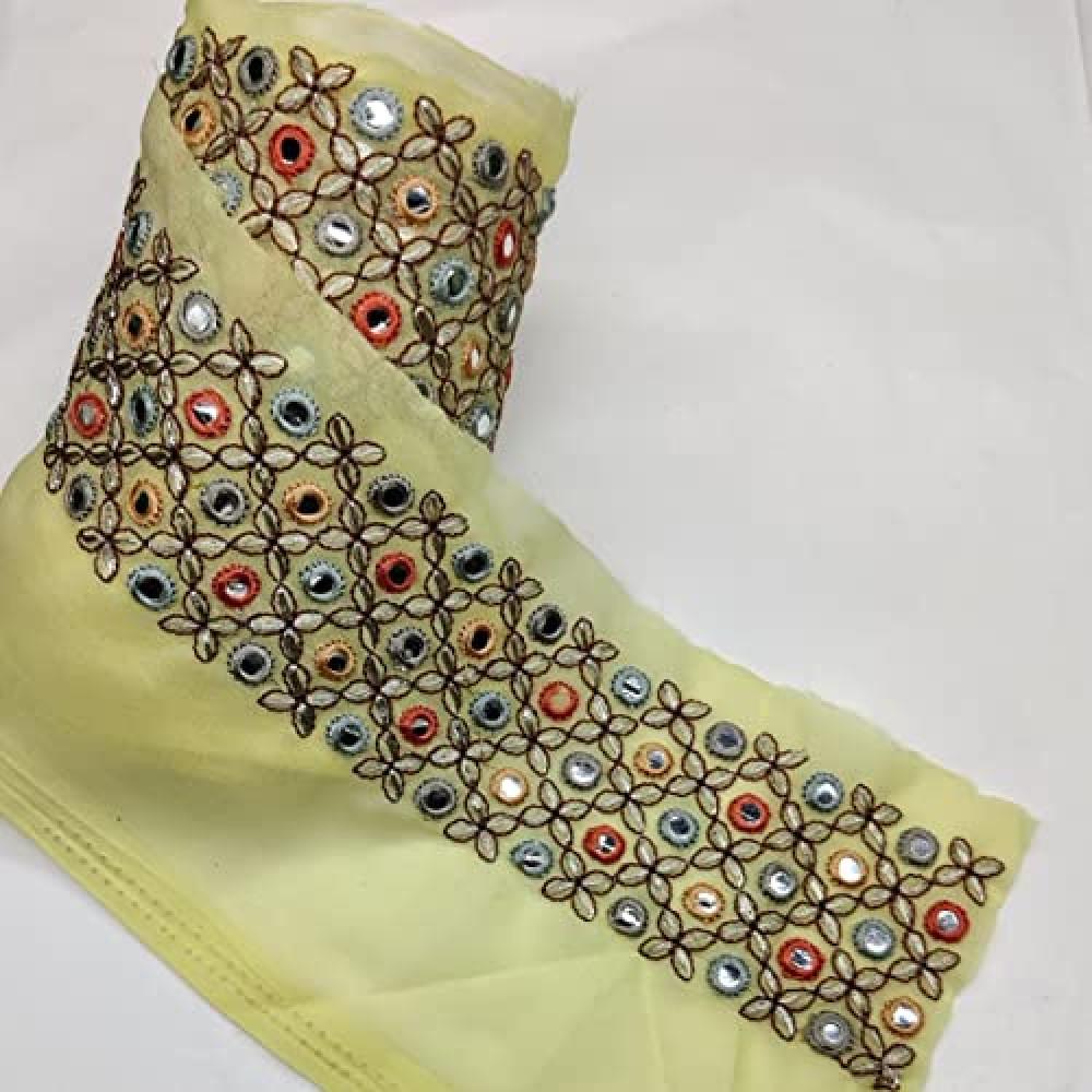 designerbox Lemon Yellow Georgette Chawltaka Cross Stitch lace with miror Work Threads Embroidery lace Border for Bridal Dress Gown Dupatta Sarees Wedding ( Pack of 2.95 Meter) Width : 5 cm