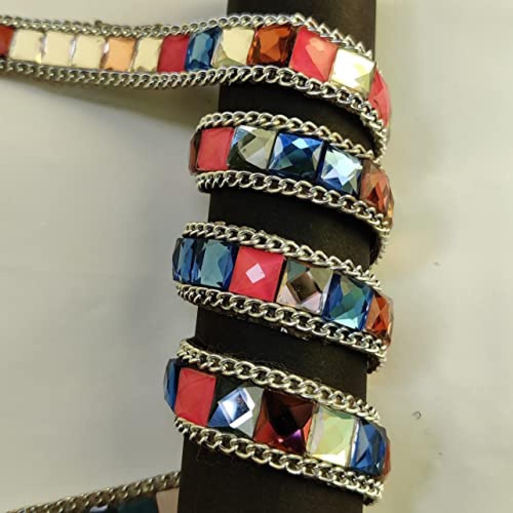 designerbox Multicolour Glass Stone with Chain and Glue Sticks lace for Western Indo Western Sandal for Edge of Sarees duppatta Blouses ( Pack of 1 Meter )