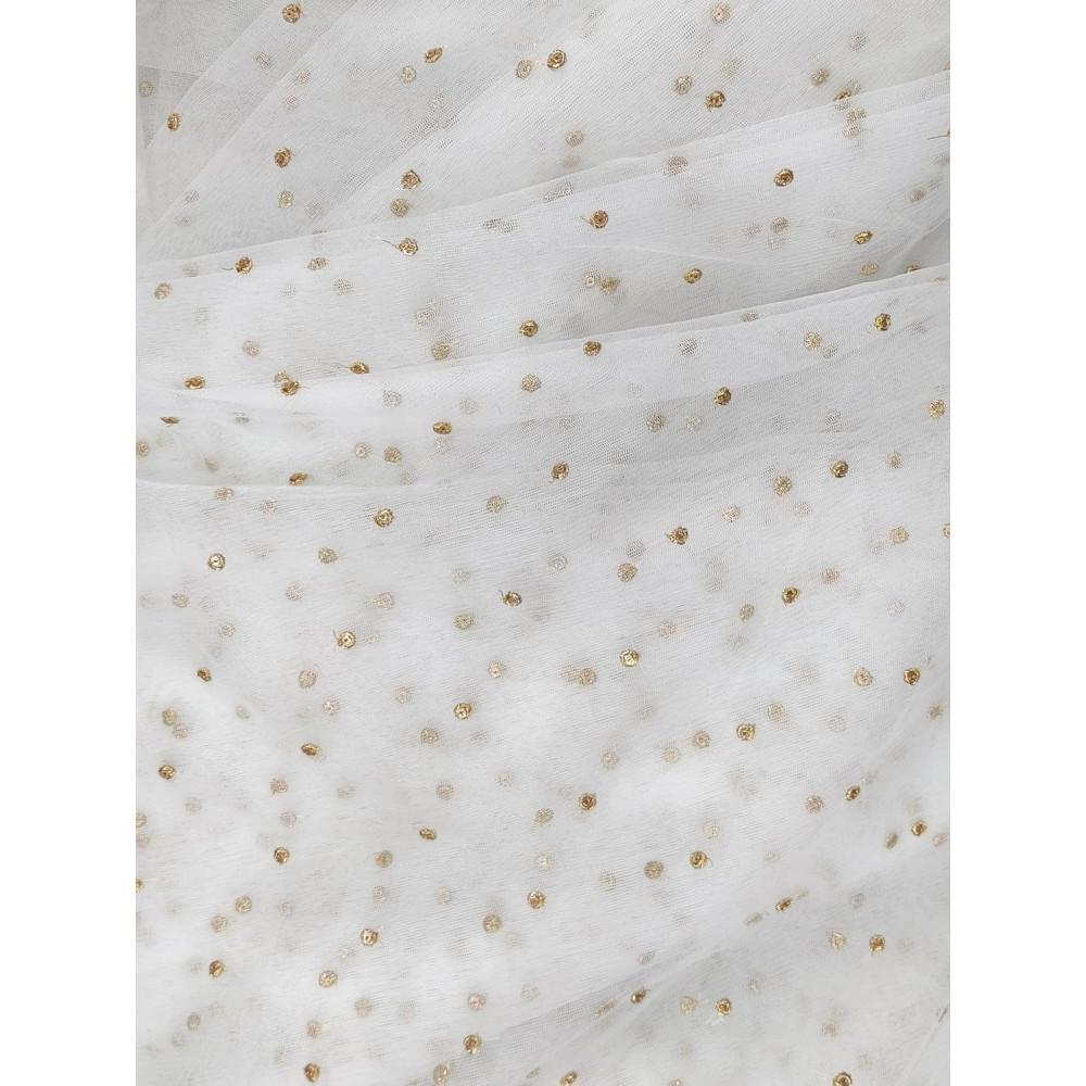 designerbox Net Dyeable Golden Dot Embroidery Fabric Use in Fancy Garments Making Frocks Gowns Lehangas Designer Dresses (Width - 58 Inch : Color - White)