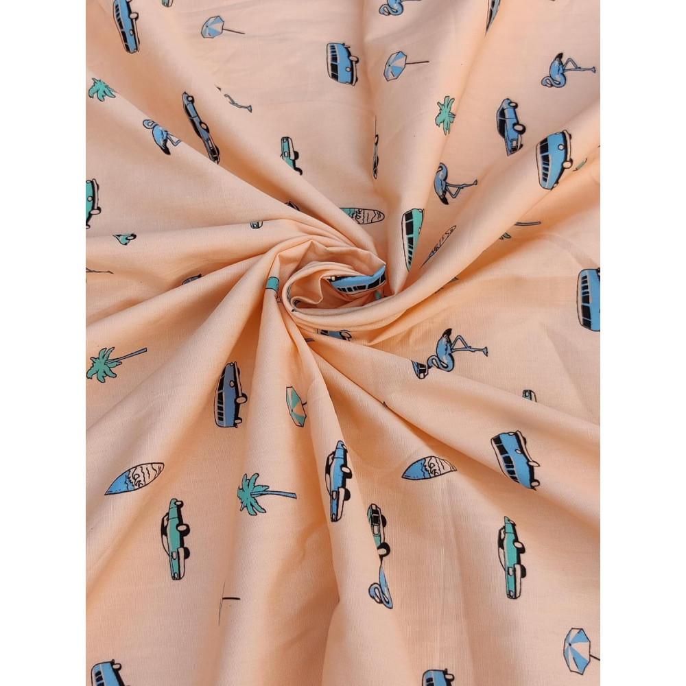 designerbox Peach Poplin Cotton Fabric Print car Coconut Tree Cane Boat Unbrella Kids Print Fabric by The Meter (Width ; 56 inches)(Peach)