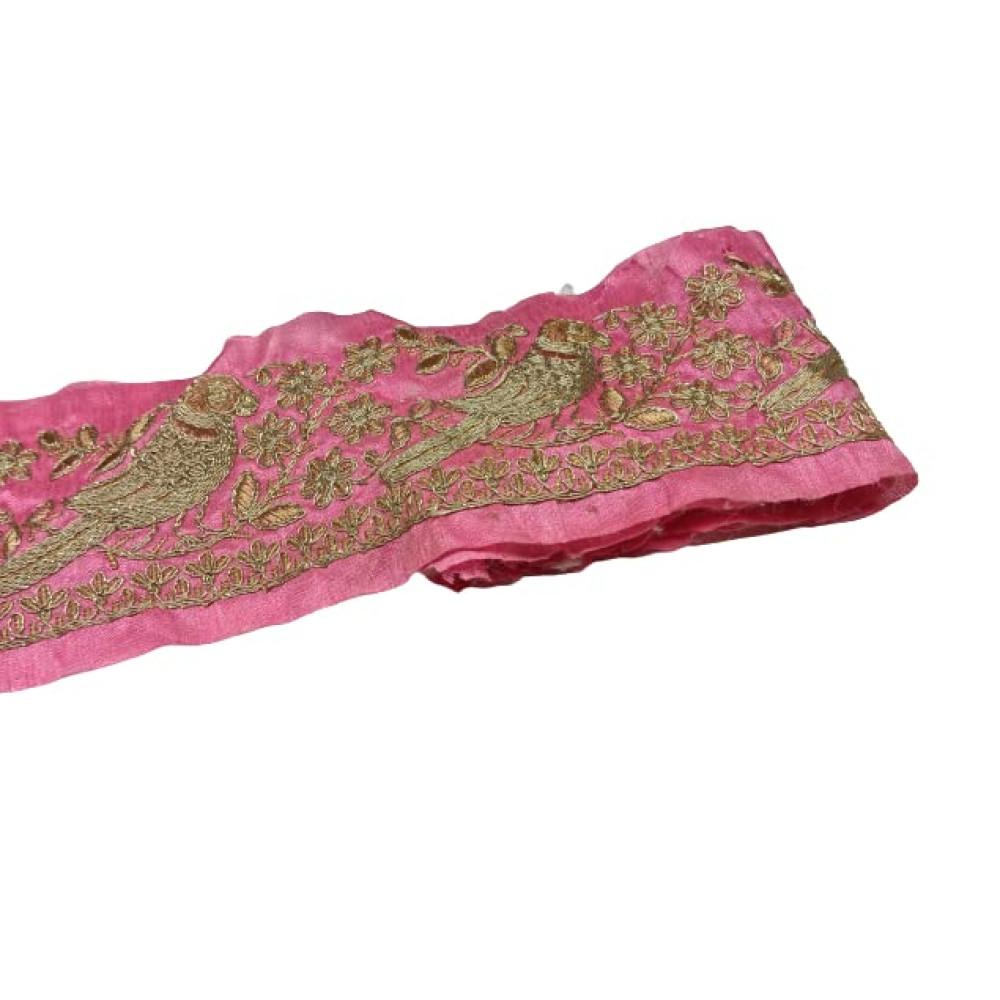designerbox Pink Colour Lace with Bird Design Golden Threads Embroidery Work Border for Bridal Dress Gown Dupatta Sarees Wedding Outfits (Pack of 4.5 Meter) Width : 4.1 Inch