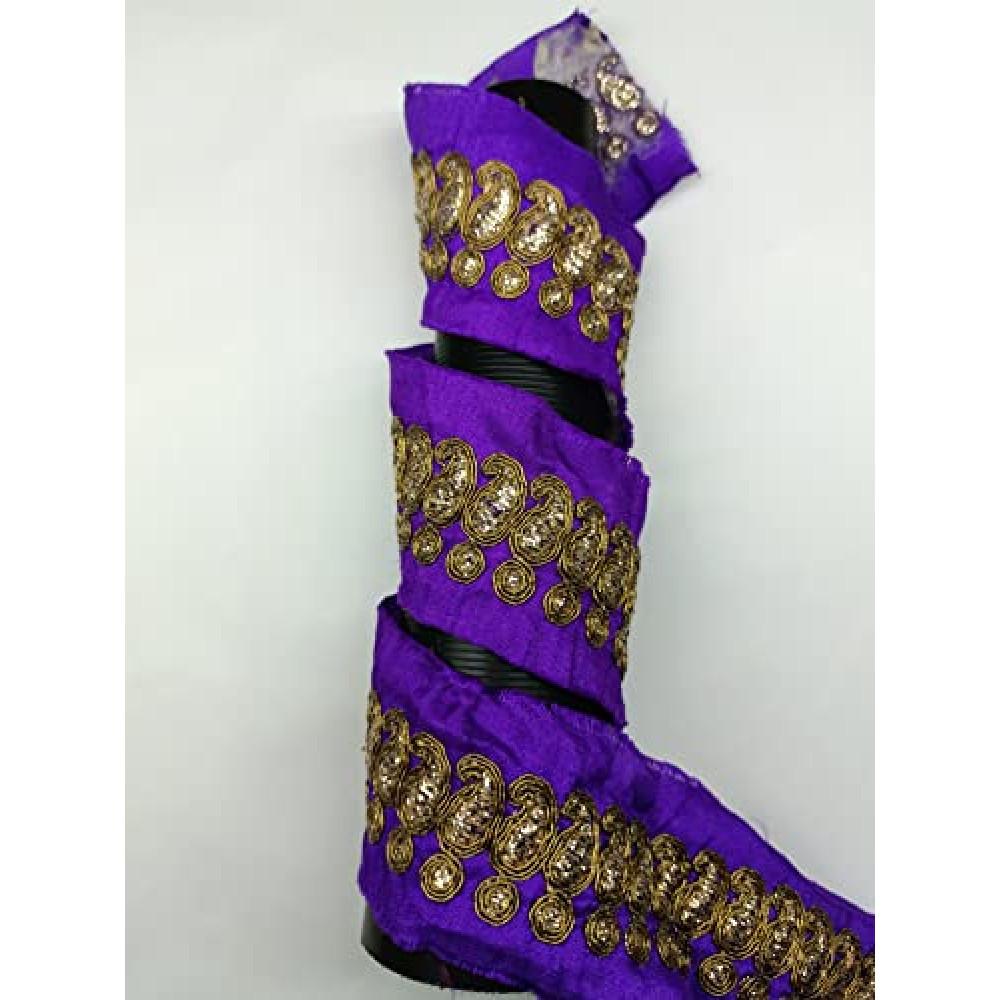 designerbox Purpule Lace with Golden Cord Dori Threads Embroidery Work Border for Bridal Dress Gown Dupatta Sarees Wedding Outfits (Pack of 2 Meter) Width : 2.2cm
