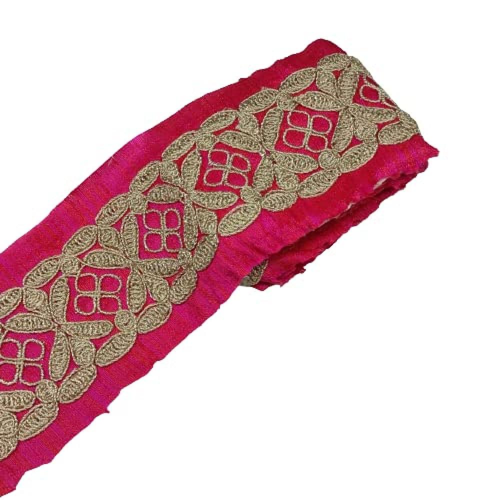 designerbox Rani Pink Colour Lace with Golden Dori Threads Embroidery Work Border for Bridal Dress Gown Dupatta Sarees Wedding Outfits ( Pack of 4.5 Meter) Size : 6cm