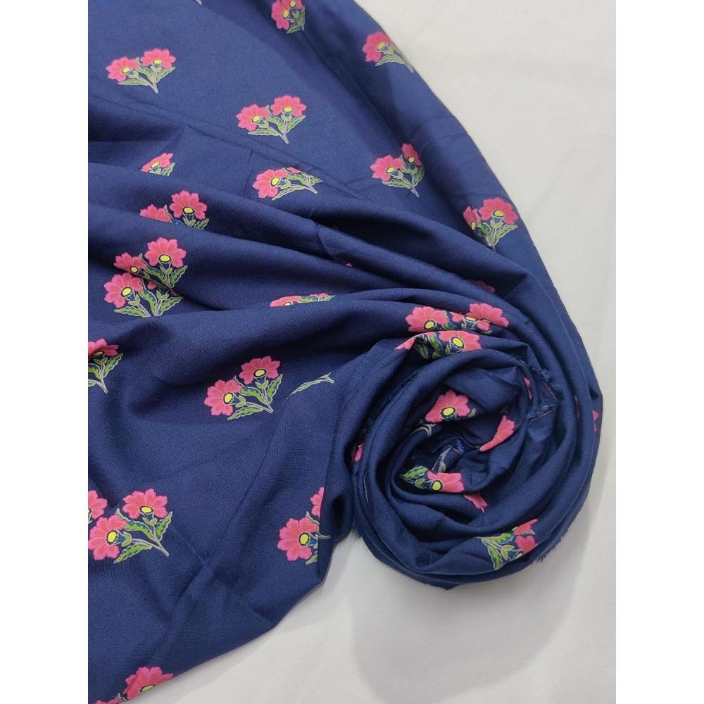 designerbox Rayon Fabric Blue Leaves & Pink Floral Print Fabric by The Meter | Width 56 Inch | Running Unstitch Clothes for Gown Corset Kurta Indo-Western Anarkali Blouses. (2 Meters)