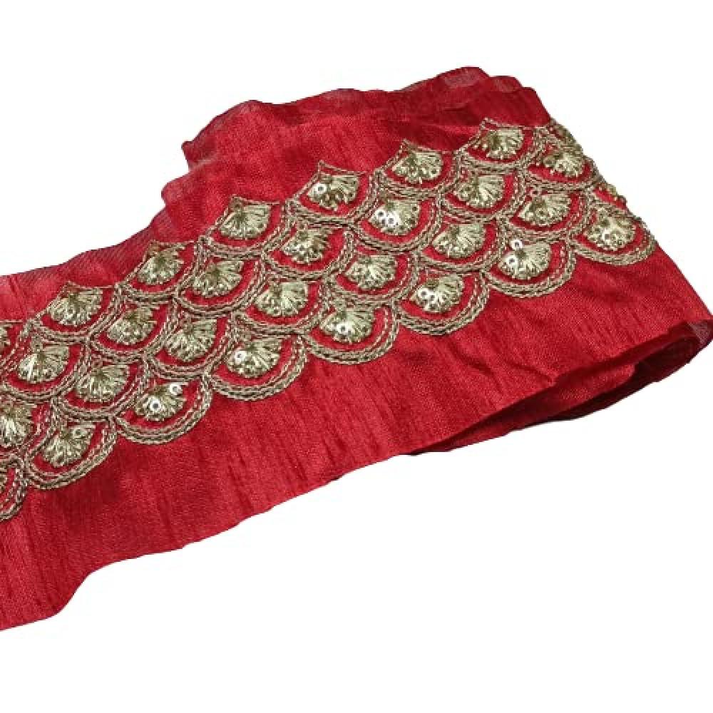 designerbox Red Colour Lace with Golden Dori and Sequence Threads Embroidery Work Border for Bridal Dress Gown Dupatta Sarees Wedding Outfits ( Pack of 4.5 Meter) Size : 8.5cm