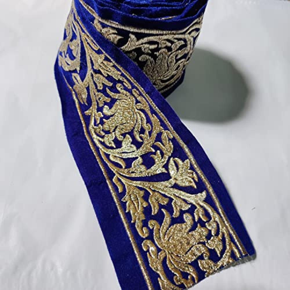 designerbox Royal Blue Colour Velvet Lace with Golden kassab Threads Embroidery Work Border for uses Bridal Dress Gown Dupatta Sarees Wedding Outfits (per Meter) Size : 4.2 Inch