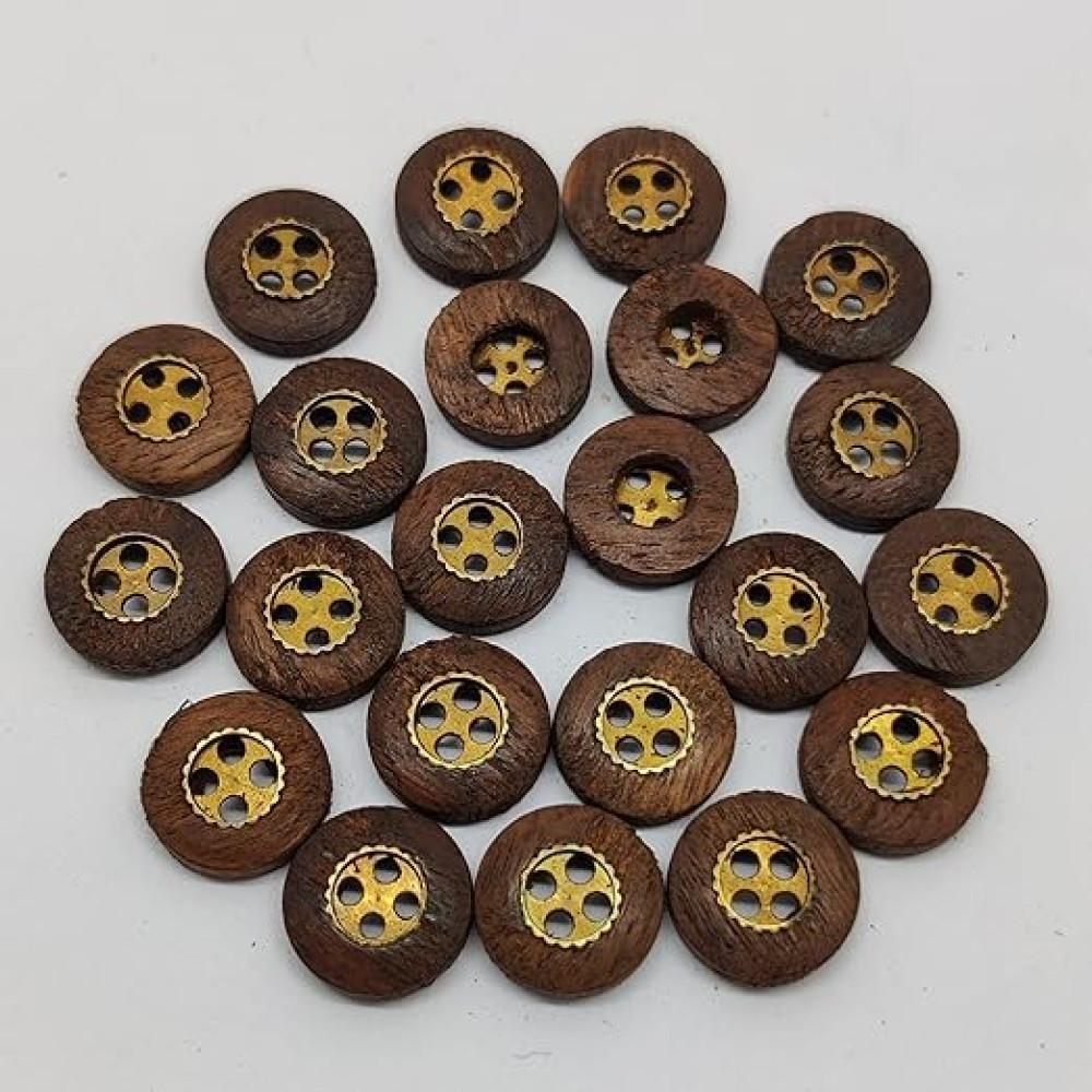 designerbox Sheesham Wooden Button with Brass Metal Button Inside 4 Hole Designer Traditional for Clothing Clothes Suits Dresses Jackets Coats Bag Craft DIY (1.25 cm Approx) (Pack of 25pcs)