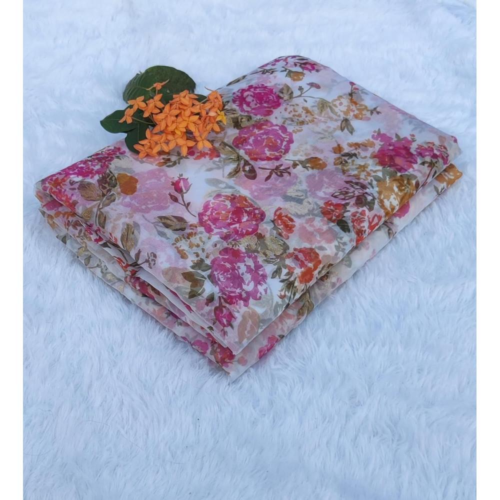 designerbox Style Floral Printed Organza Fabric (Unstitched) for Dress Kurtis Dupatta Tops Lehenga