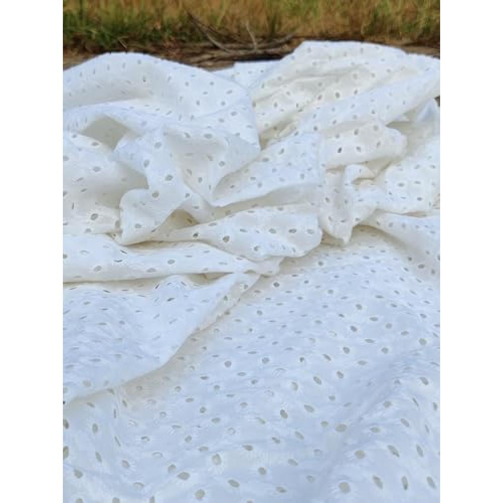 designerbox White Chikan Embroidery Work with Cotton Fabric Unstitched Fabric for Women Girls Cream Color| Width 45 inch | for Making Kurtis Gowns Palazzo | Dress Material